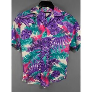 Vintage Cascais Tropical Abstract Button Up Shirt 90s Purple Teal Short Sleeve M
